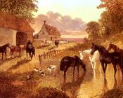 The Evening Hour,Horses And Cattle By A Stream At Sunset - 约翰·弗雷德里克·赫尔林